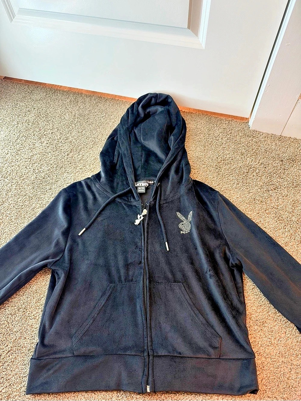 Playboy Velour Rhinestone Zip Up Hoodie Black Size Medium